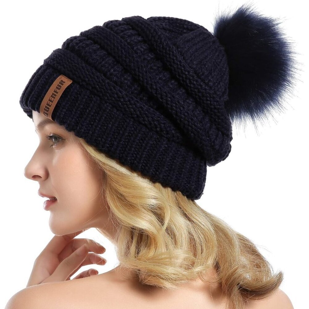 Womens Navy Blue 100% Acrylic Cable Knit Beanie Faux Fur Winter Warm Slouchy Hat